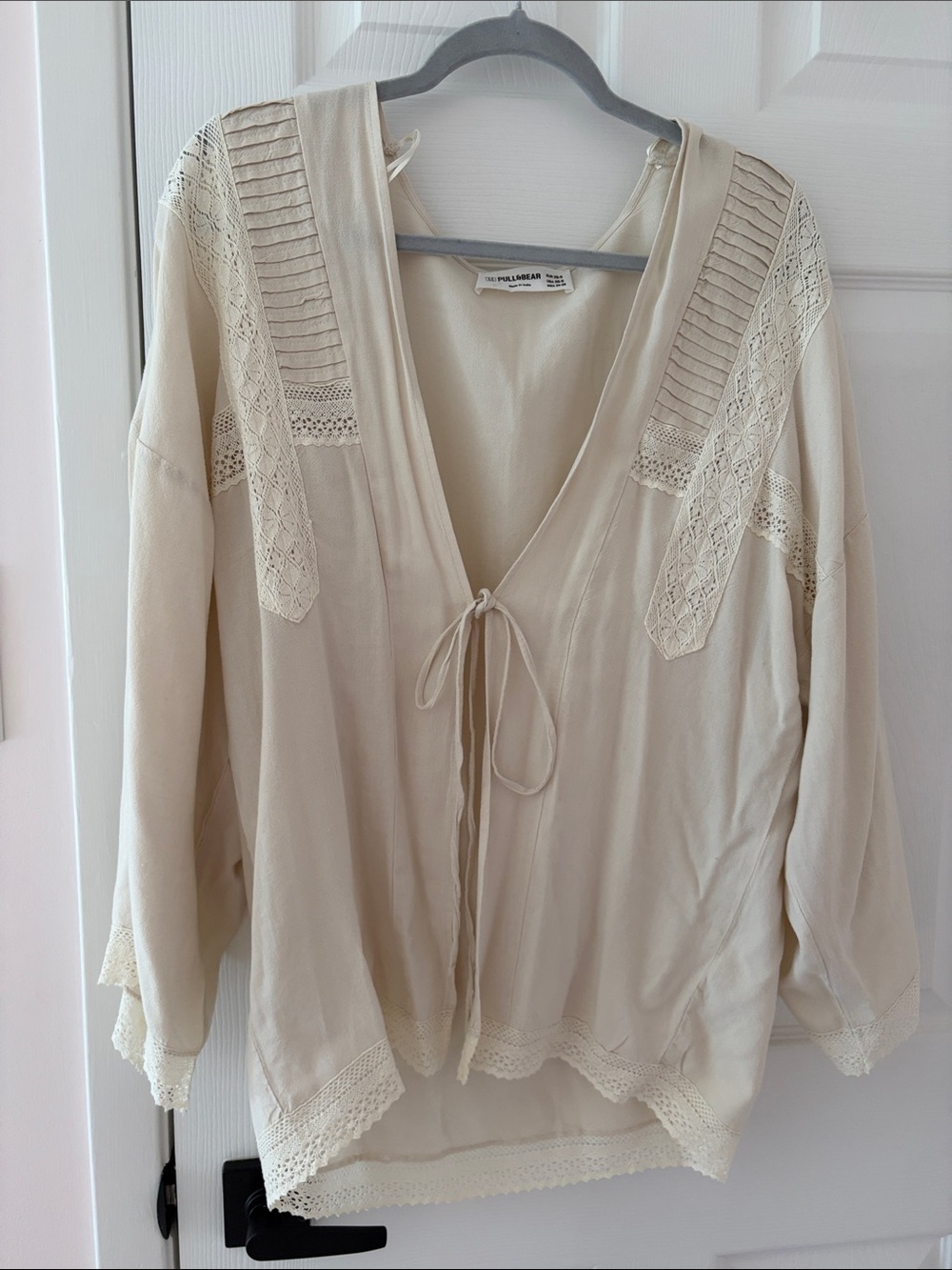 NEW - Pull&Bear Cream Lace-Panel Tie-Front Blouse LINEN